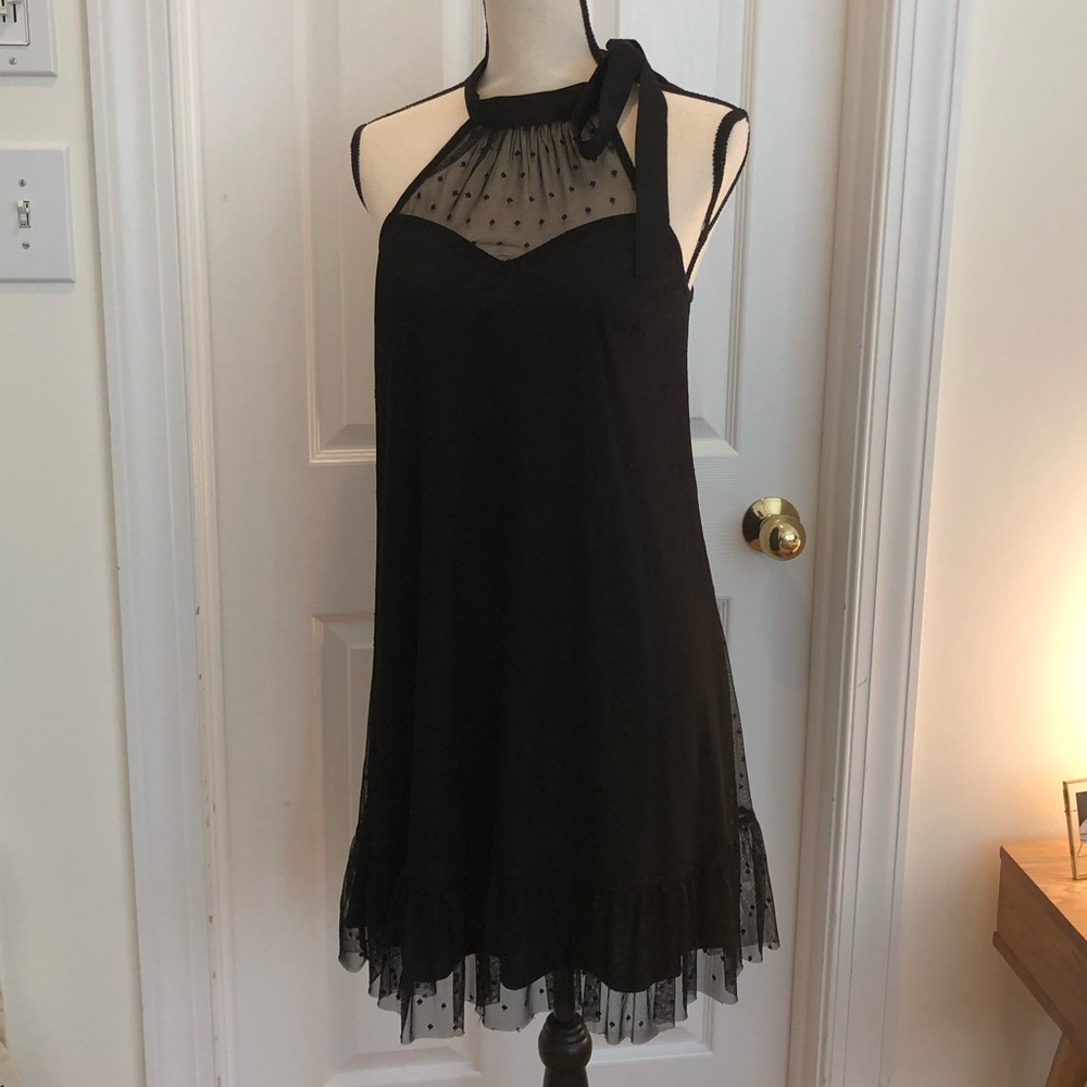 BLACK MESH POLKA DOT TIE NECK SHIFT DRESS